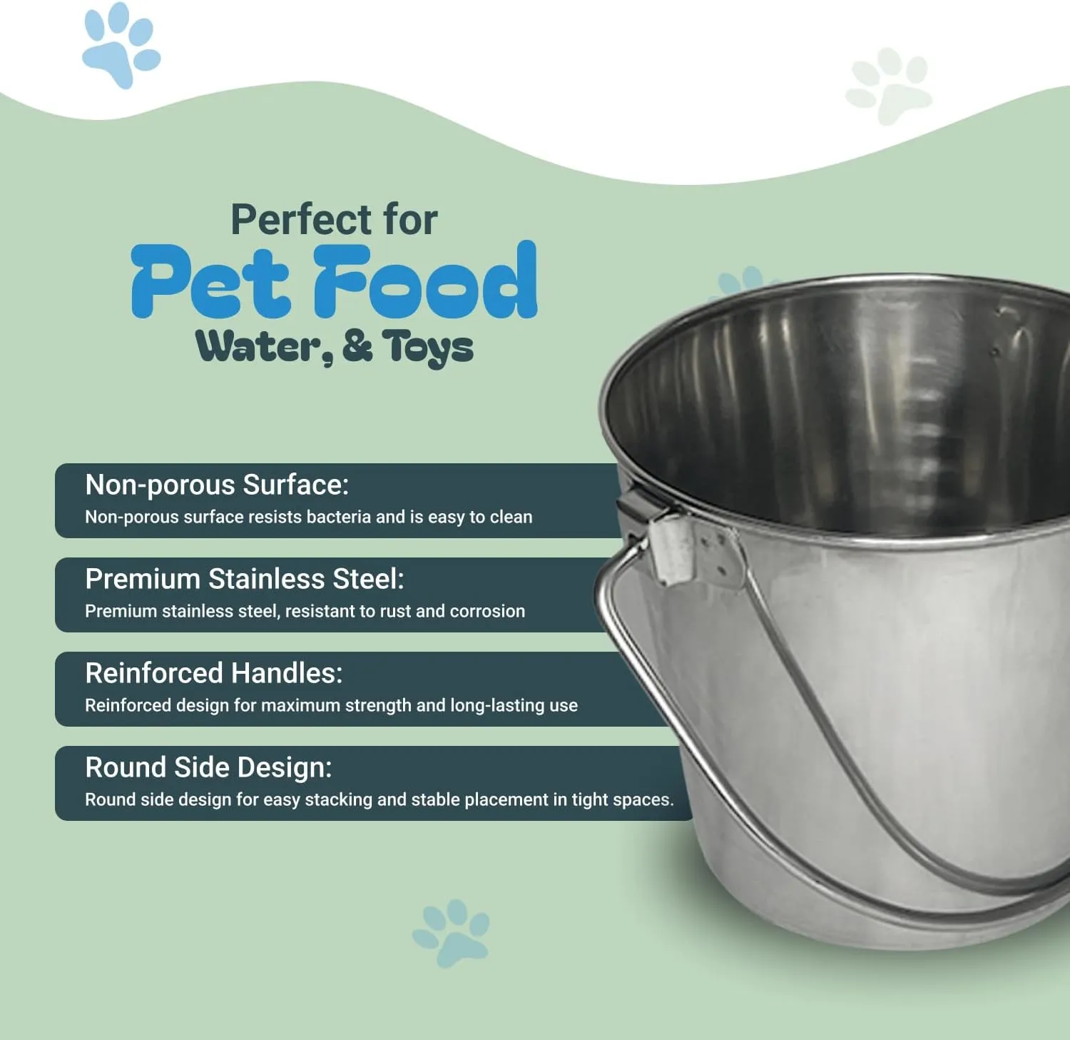 1 Quart Heavy Duty Stainless Steel Round Bucket | Durable Food & Water Pail for Dogs, Cats, Kennels, Cages and Critter Crates | Multi-Purpose Bucket