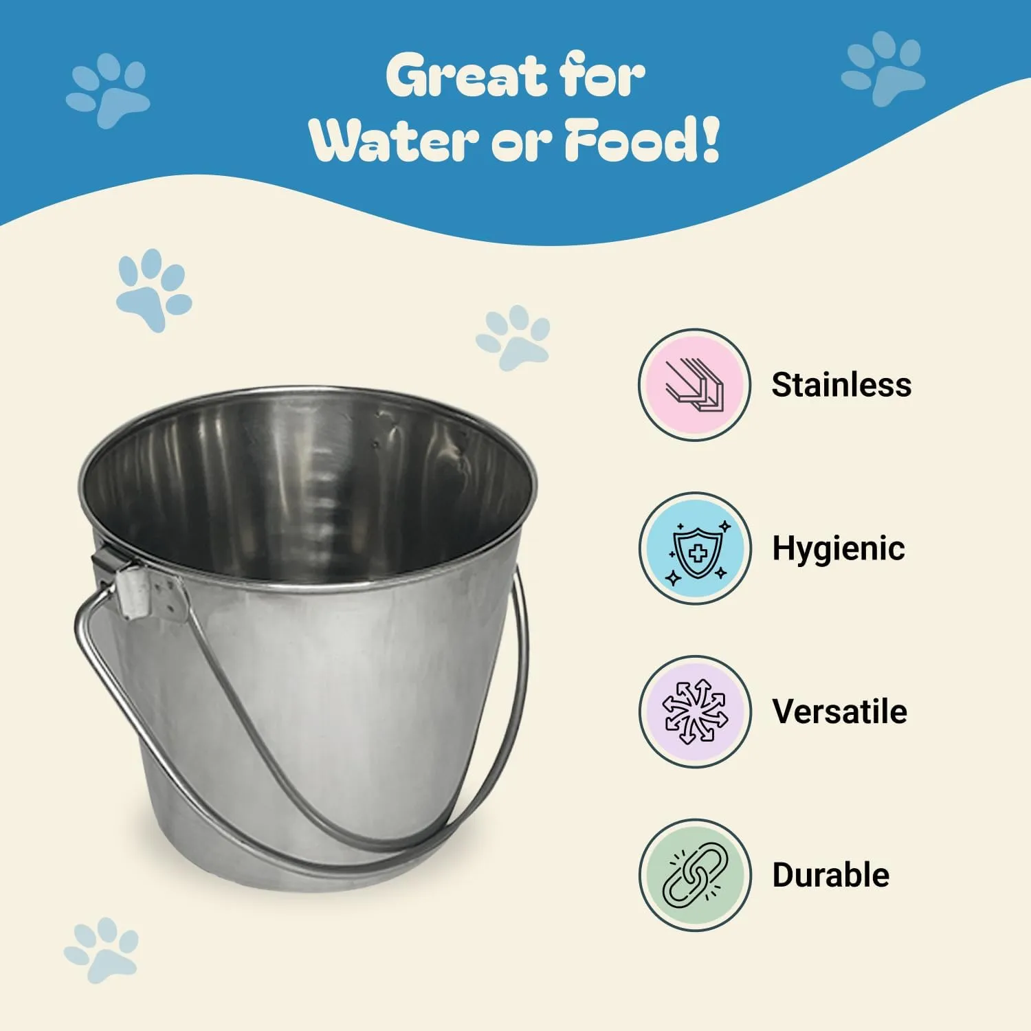 1 Quart Heavy Duty Stainless Steel Round Bucket | Durable Food & Water Pail for Dogs, Cats, Kennels, Cages and Critter Crates | Multi-Purpose Bucket