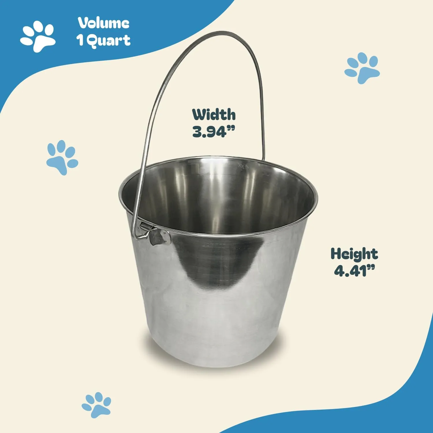 1 Quart Heavy Duty Stainless Steel Round Bucket | Durable Food & Water Pail for Dogs, Cats, Kennels, Cages and Critter Crates | Multi-Purpose Bucket