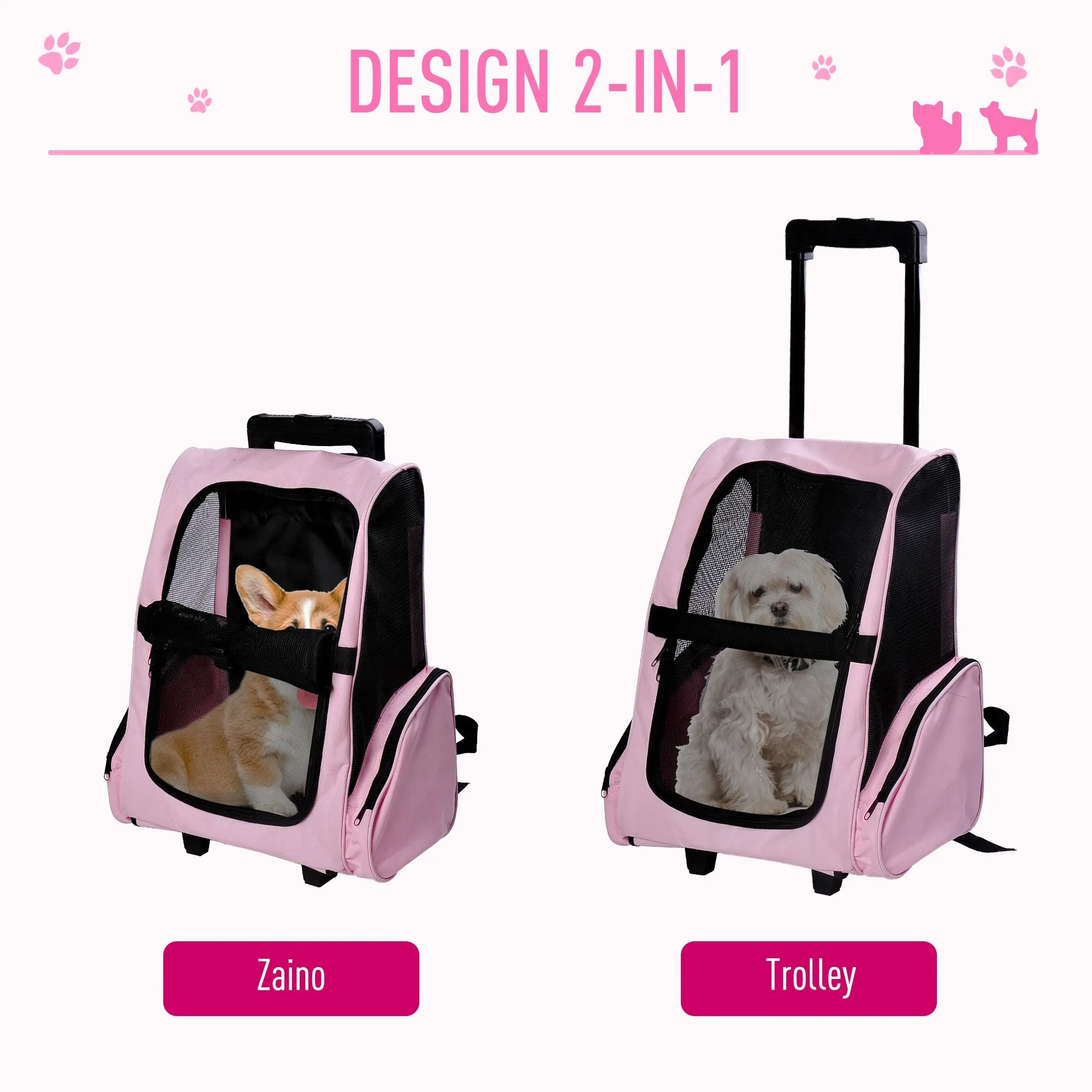 2 in 1 Dog and Cat Carrier Backpack with Side Pockets, Telescopic Handle and Wheels, 42x25x55cm, Pink