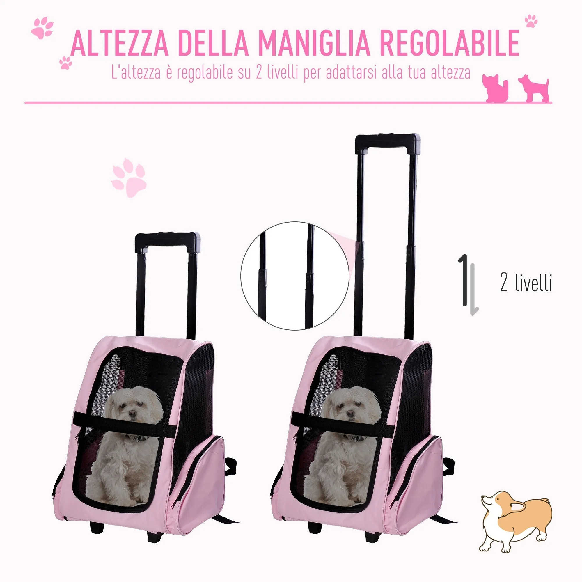 2 in 1 Dog and Cat Carrier Backpack with Side Pockets, Telescopic Handle and Wheels, 42x25x55cm, Pink
