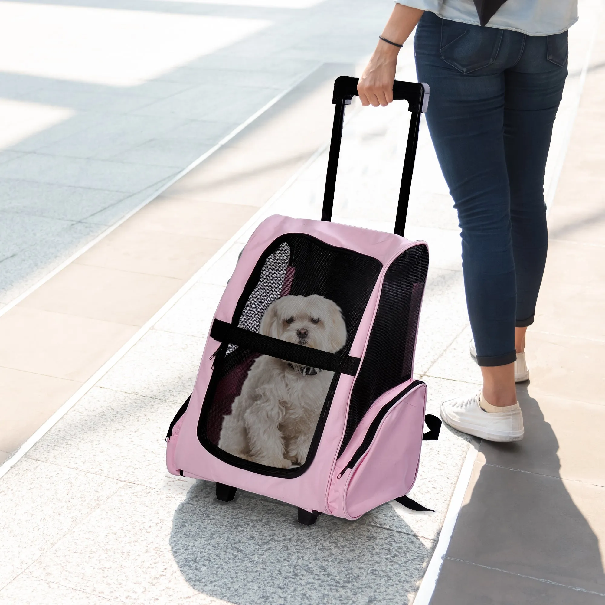 2 in 1 Dog and Cat Carrier Backpack with Side Pockets, Telescopic Handle and Wheels, 42x25x55cm, Pink