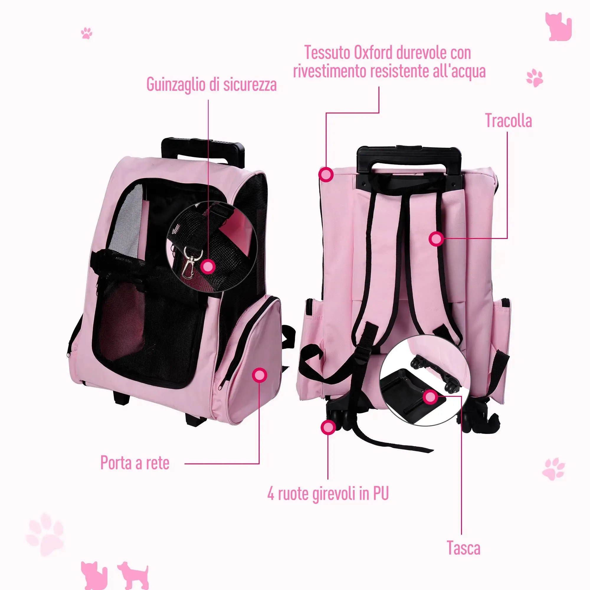 2 in 1 Dog and Cat Carrier Backpack with Side Pockets, Telescopic Handle and Wheels, 42x25x55cm, Pink