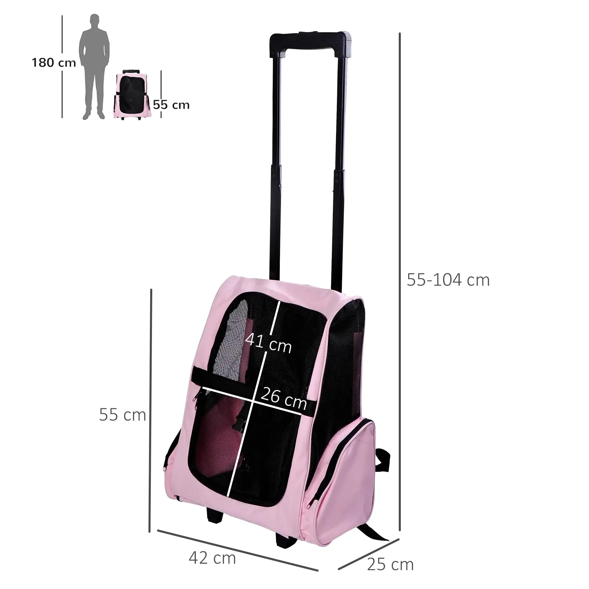 2 in 1 Dog and Cat Carrier Backpack with Side Pockets, Telescopic Handle and Wheels, 42x25x55cm, Pink