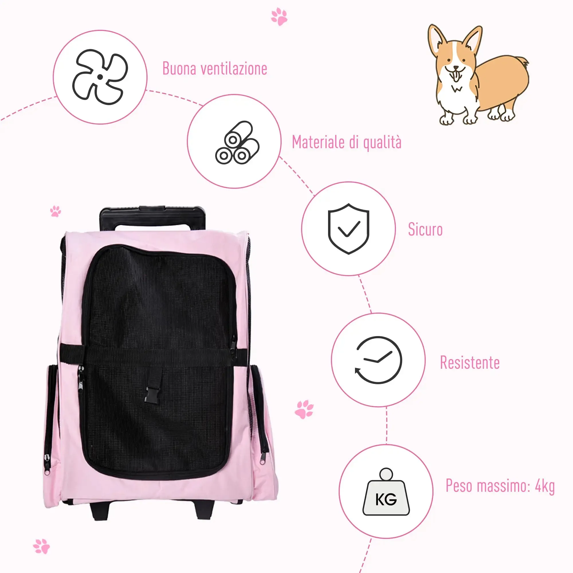2 in 1 Dog and Cat Carrier Backpack with Side Pockets, Telescopic Handle and Wheels, 42x25x55cm, Pink