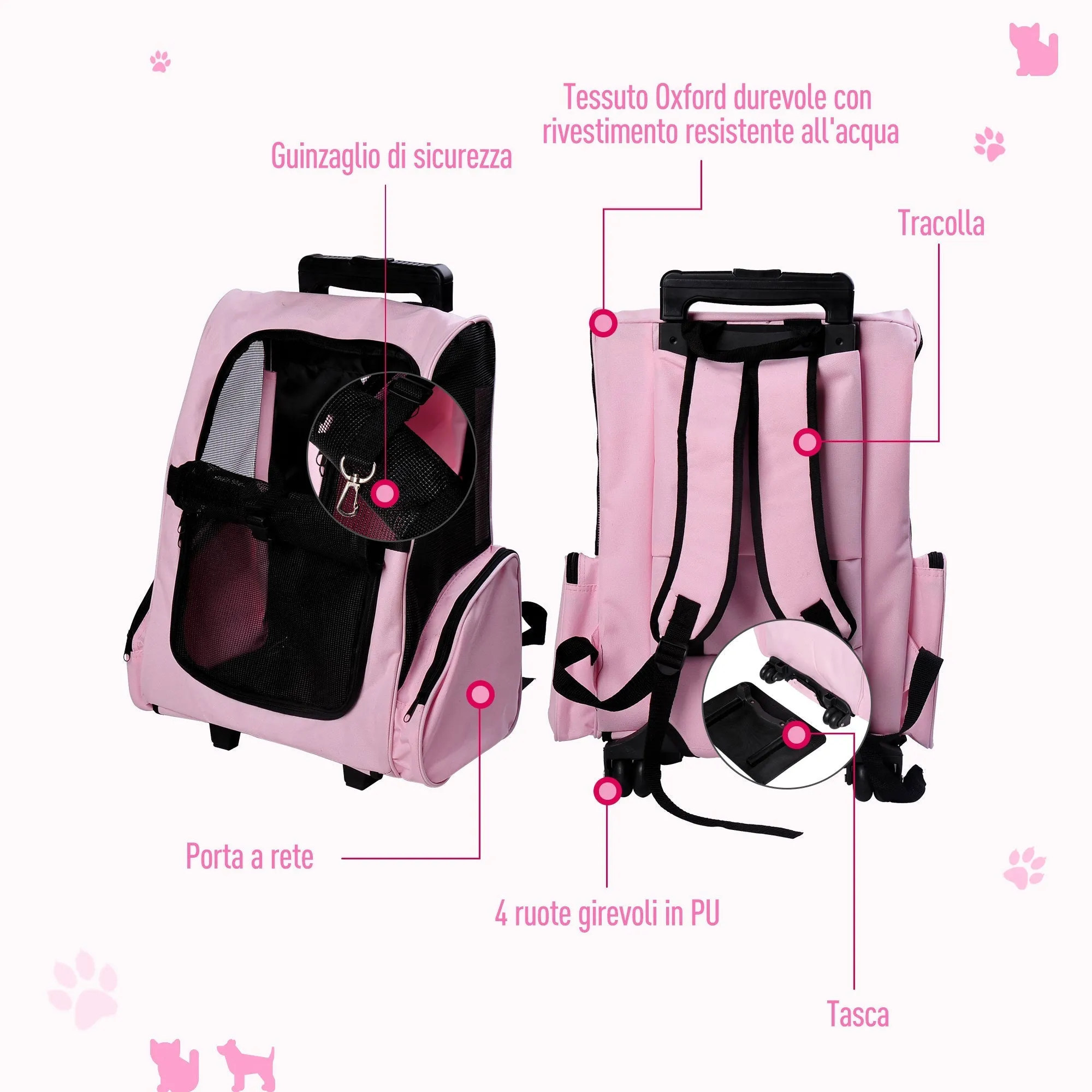 2 in 1 Dog and Cat Carrier Backpack with Side Pockets, Telescopic Handle and Wheels, 42x25x55cm, Pink