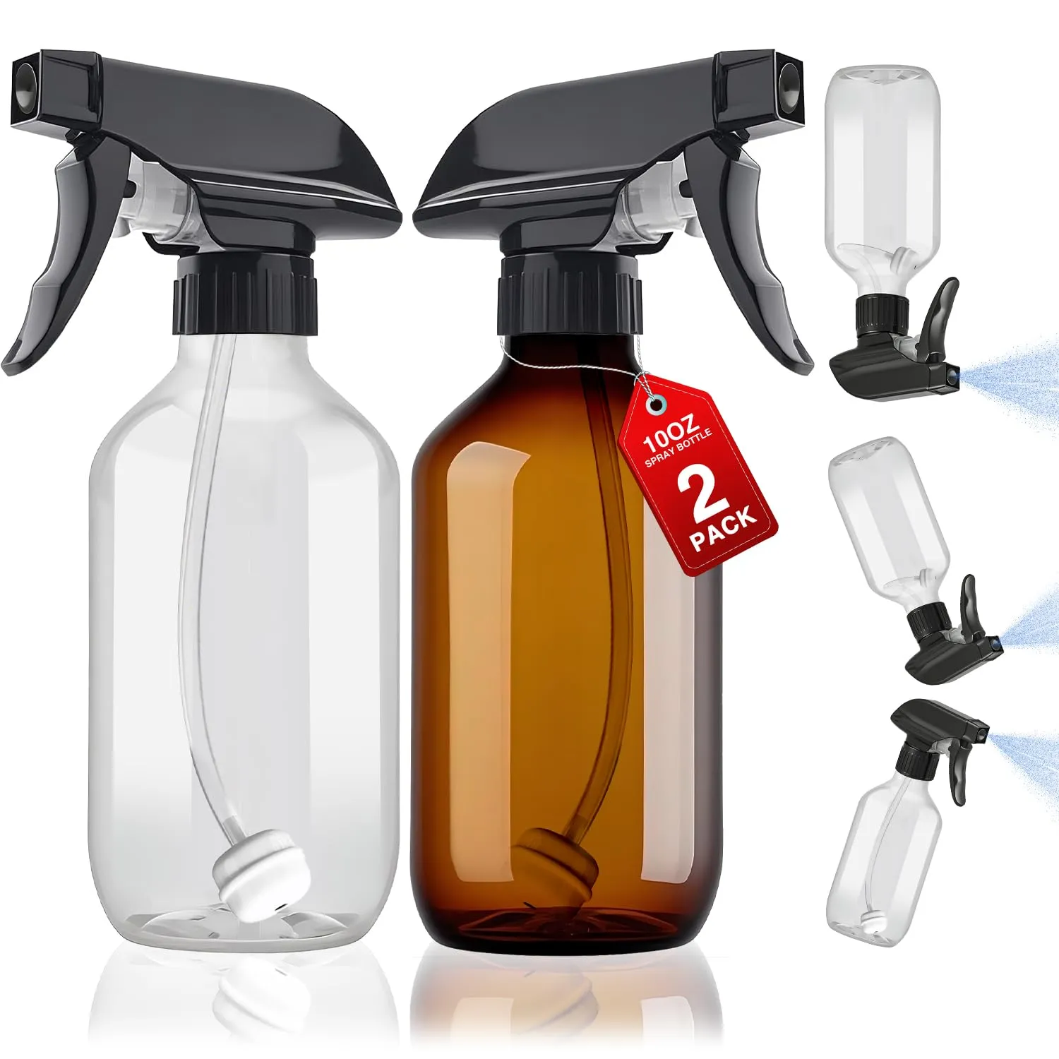 2 Packs Plastic Spray Bottles 360 Water Spray Bottle for Cleaning - 10 oz/300 ml Upside Down Spray Bottle Small Squirt Bottle with Adjustable Nozzle for Hair, Cooking, Plant, Pet (Clear   Brown)