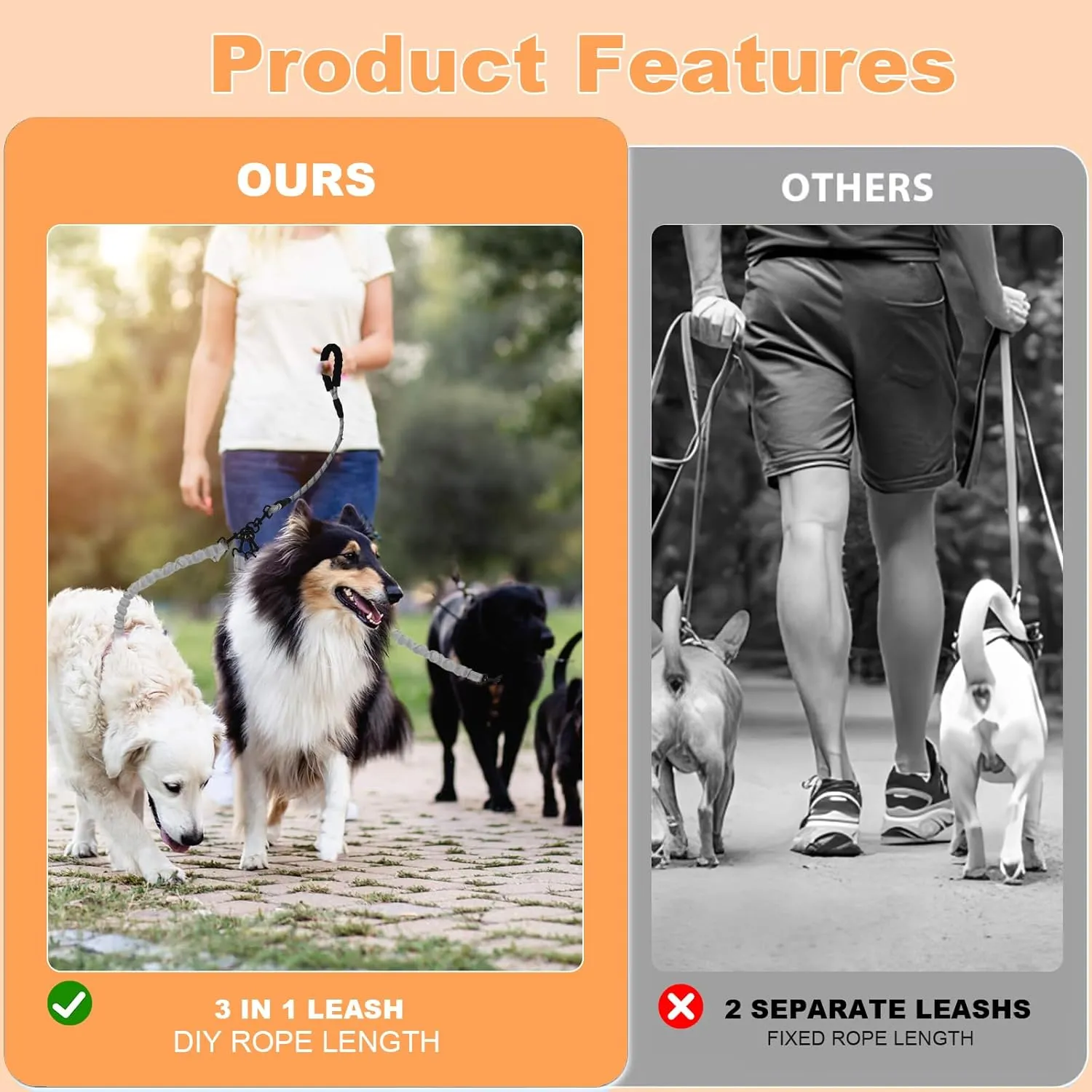 2 Way Dog Leash,No Tangle for Two Dogs, 3 in 1 Dog Leash with 360 Swivel, Shock Absorbing, Reflective Threads Comfort Foam Handle, Ideal for Small Dogs and Dog Training (Grey, Double Leashes)
