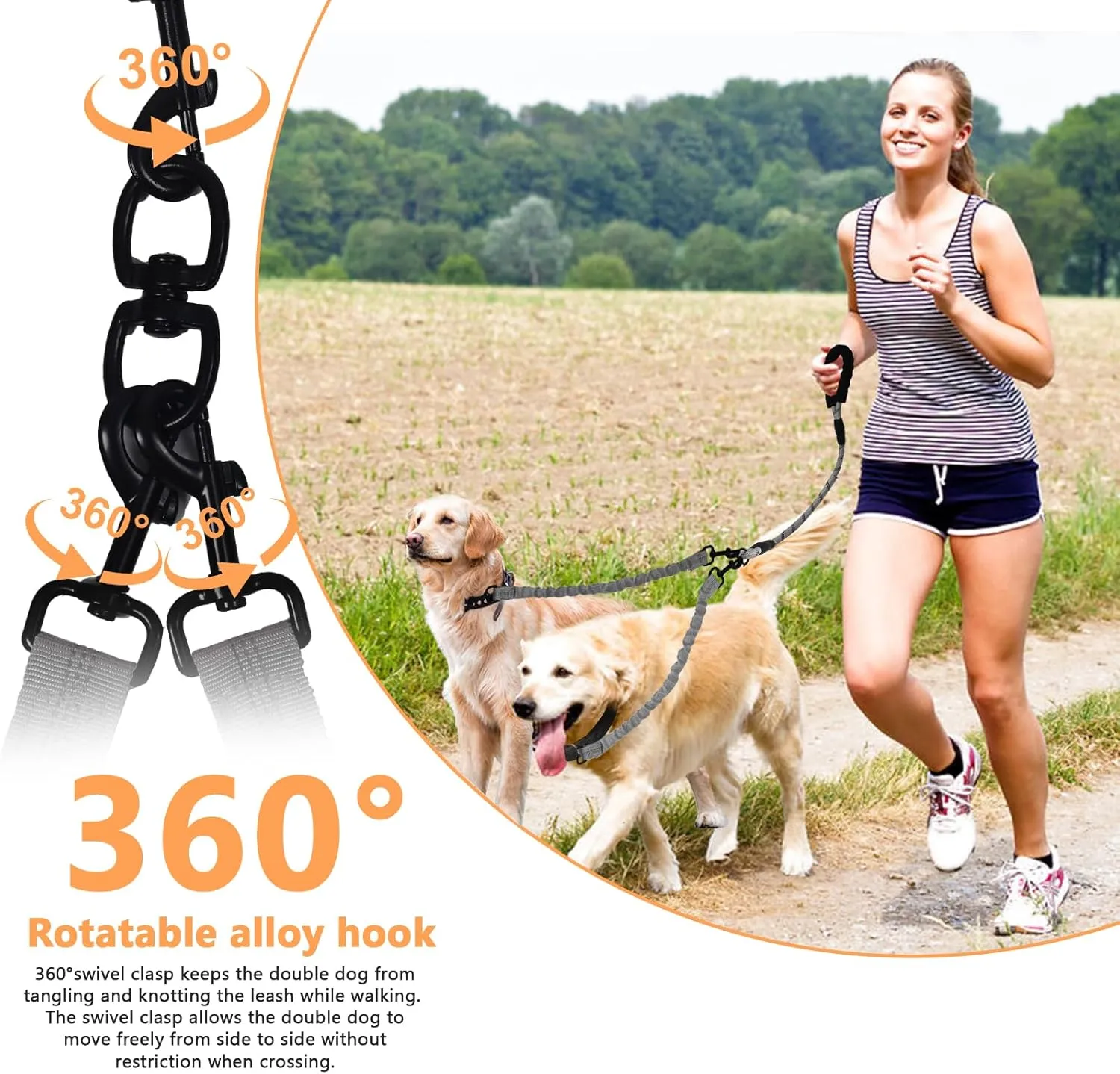 2 Way Dog Leash,No Tangle for Two Dogs, 3 in 1 Dog Leash with 360 Swivel, Shock Absorbing, Reflective Threads Comfort Foam Handle, Ideal for Small Dogs and Dog Training (Grey, Double Leashes)