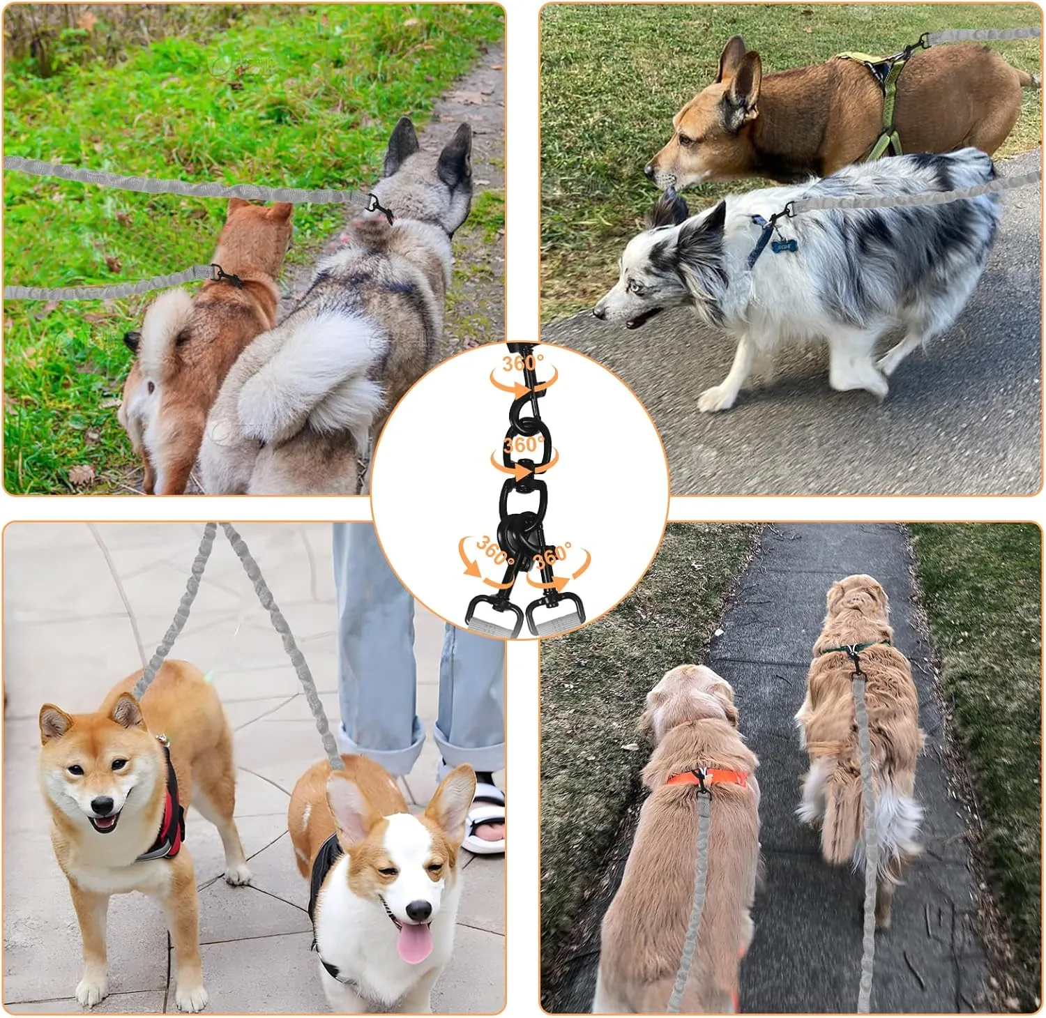 2 Way Dog Leash,No Tangle for Two Dogs, 3 in 1 Dog Leash with 360 Swivel, Shock Absorbing, Reflective Threads Comfort Foam Handle, Ideal for Small Dogs and Dog Training (Grey, Double Leashes)