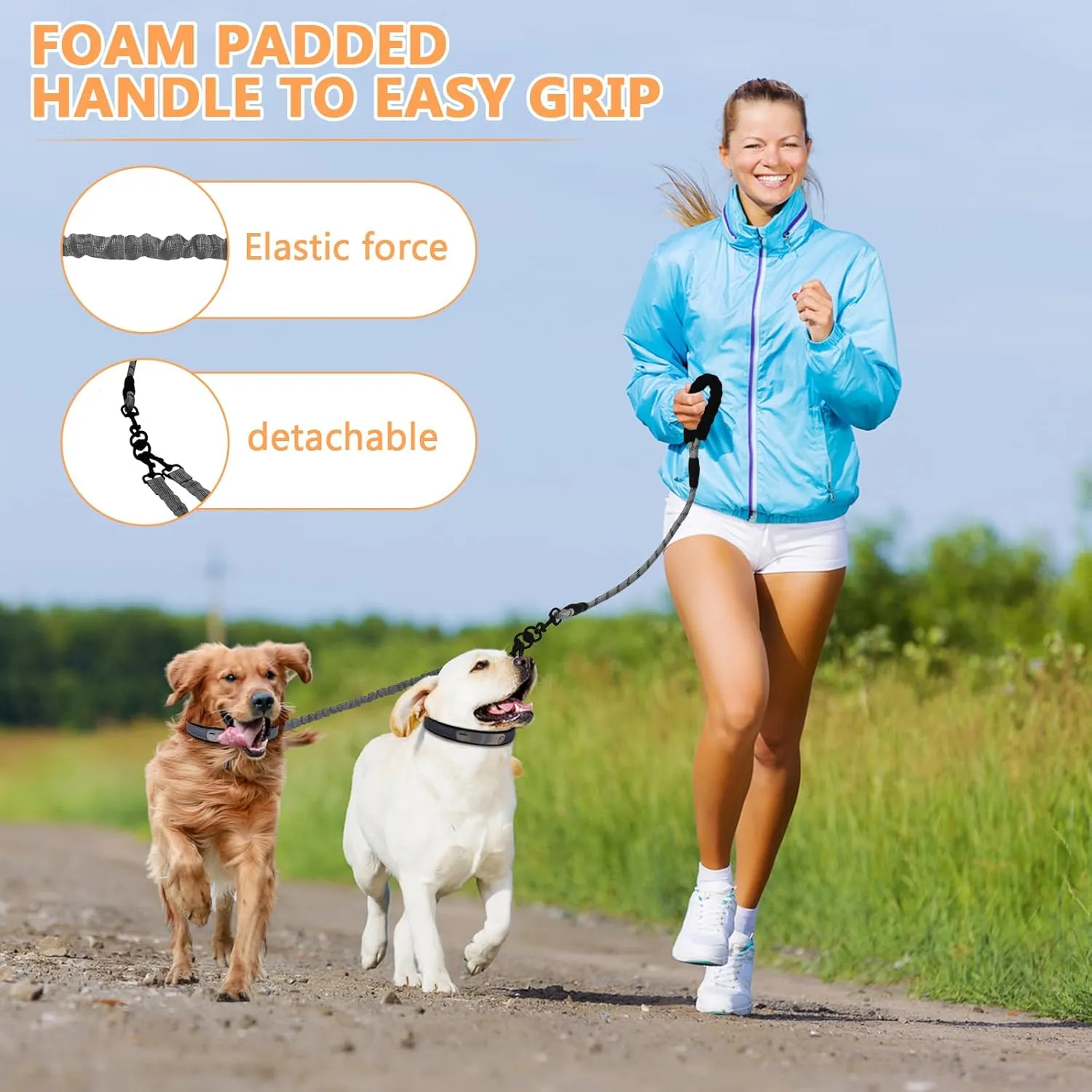2 Way Dog Leash,No Tangle for Two Dogs, 3 in 1 Dog Leash with 360 Swivel, Shock Absorbing, Reflective Threads Comfort Foam Handle, Ideal for Small Dogs and Dog Training (Grey, Double Leashes)