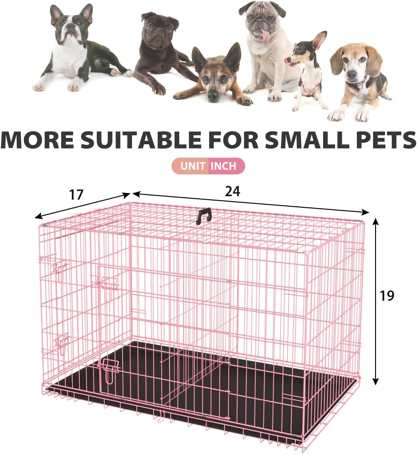 24 Inch Dog Crates,Folding Mental Wire Pet Crates Puppy Cage with Double-Door Divider Panel Removable Tray and Handle,Outdoor and Indoor Pet Dog Cage Crates for Small Dogs Portable Travel Cage, Pink