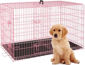24 Inch Dog Crates,Folding Mental Wire Pet Crates Puppy Cage with Double-Door Divider Panel Removable Tray and Handle,Outdoor and Indoor Pet Dog Cage Crates for Small Dogs Portable Travel Cage, Pink