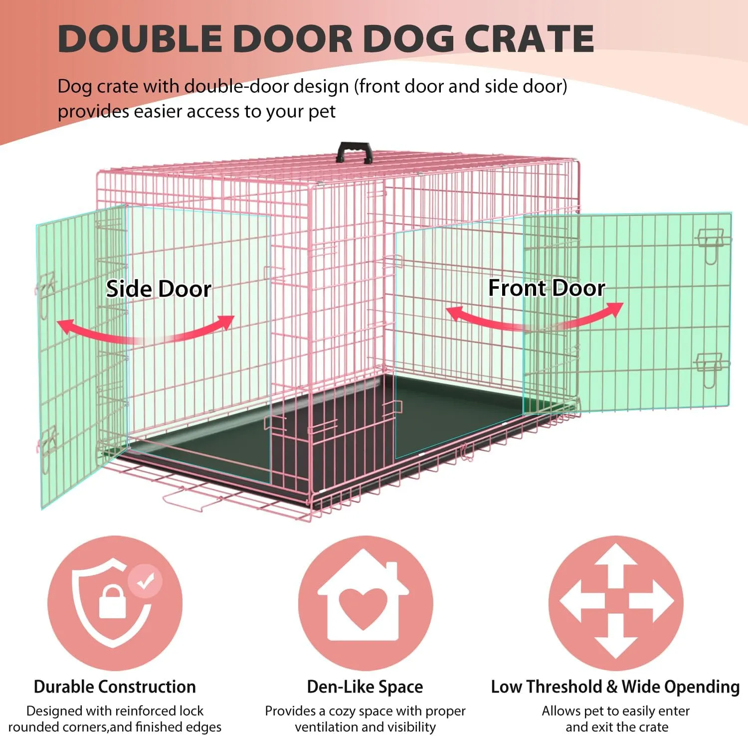24 Inch Dog Crates,Folding Mental Wire Pet Crates Puppy Cage with Double-Door Divider Panel Removable Tray and Handle,Outdoor and Indoor Pet Dog Cage Crates for Small Dogs Portable Travel Cage, Pink