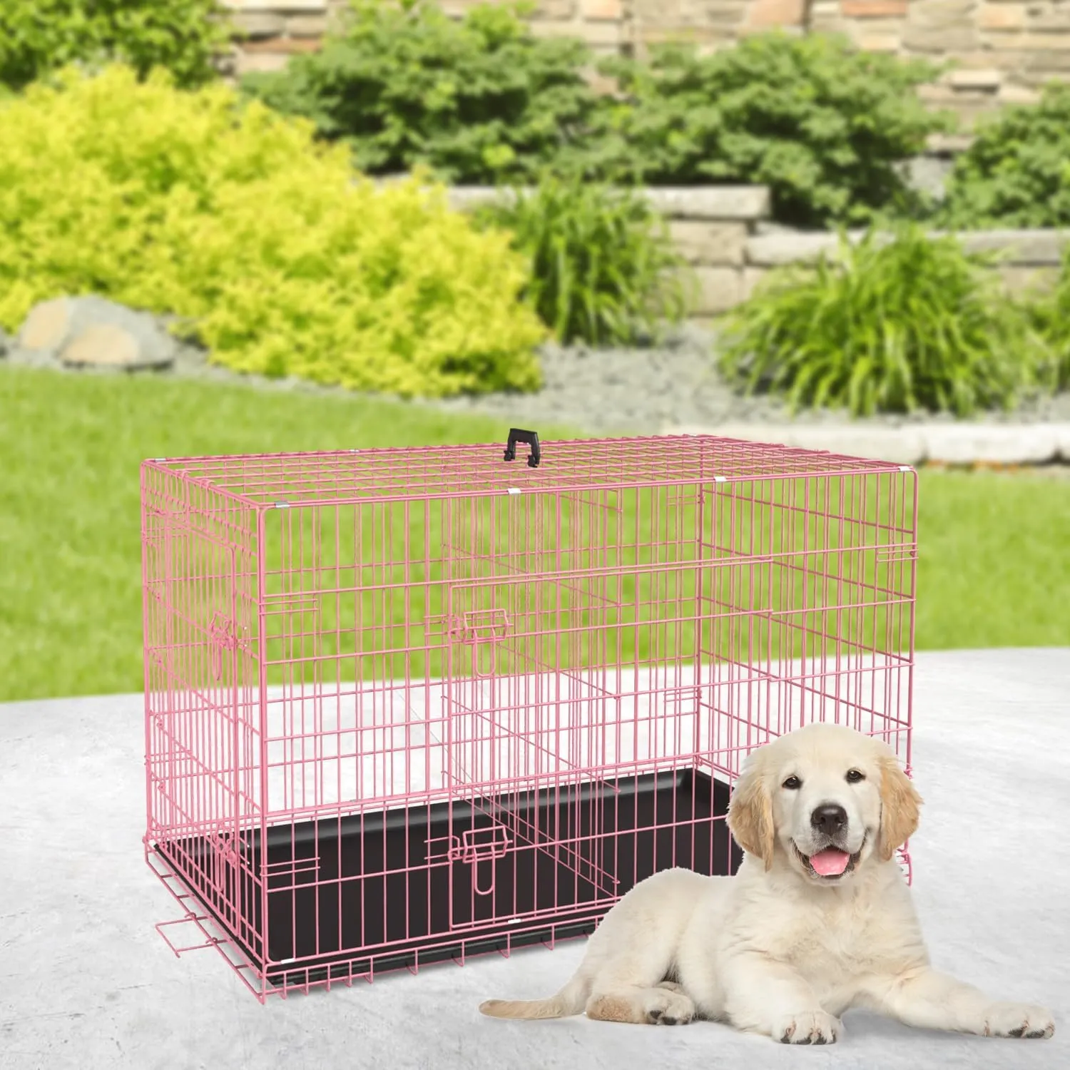24 Inch Dog Crates,Folding Mental Wire Pet Crates Puppy Cage with Double-Door Divider Panel Removable Tray and Handle,Outdoor and Indoor Pet Dog Cage Crates for Small Dogs Portable Travel Cage, Pink