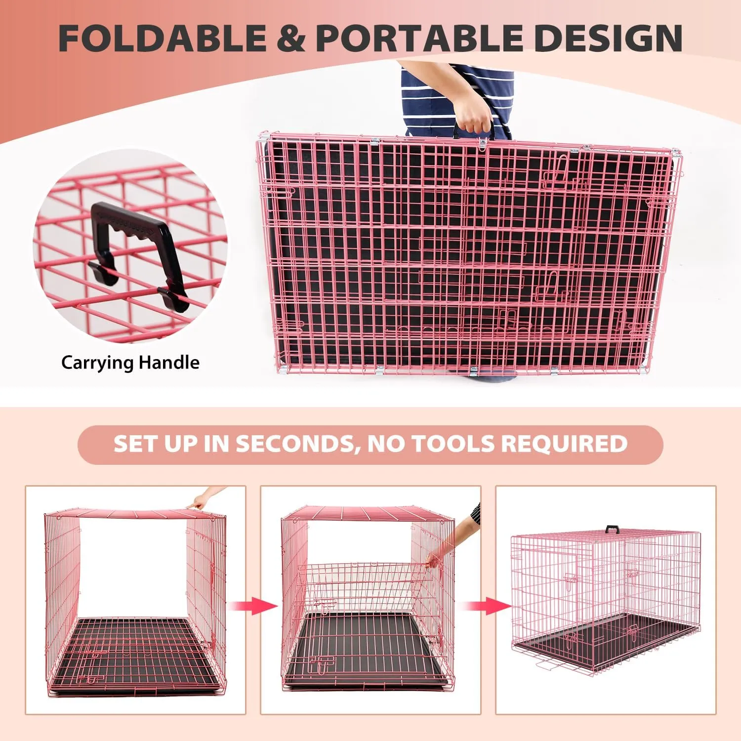 24 Inch Dog Crates,Folding Mental Wire Pet Crates Puppy Cage with Double-Door Divider Panel Removable Tray and Handle,Outdoor and Indoor Pet Dog Cage Crates for Small Dogs Portable Travel Cage, Pink