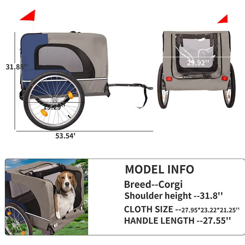 53.9" Blue/Grey Bike Trailer With 8 Reflectors for Dogs