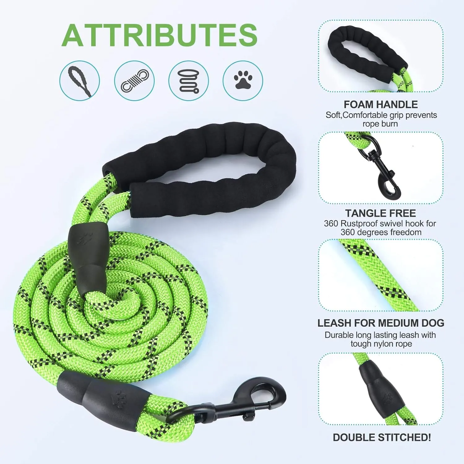 5ft 1/2in Strong Green Dog Leash - Highly Reflective Heavy Duty Rope Leash with Soft Padded Anti-Slip Handle - for 18-120 lbs Dogs