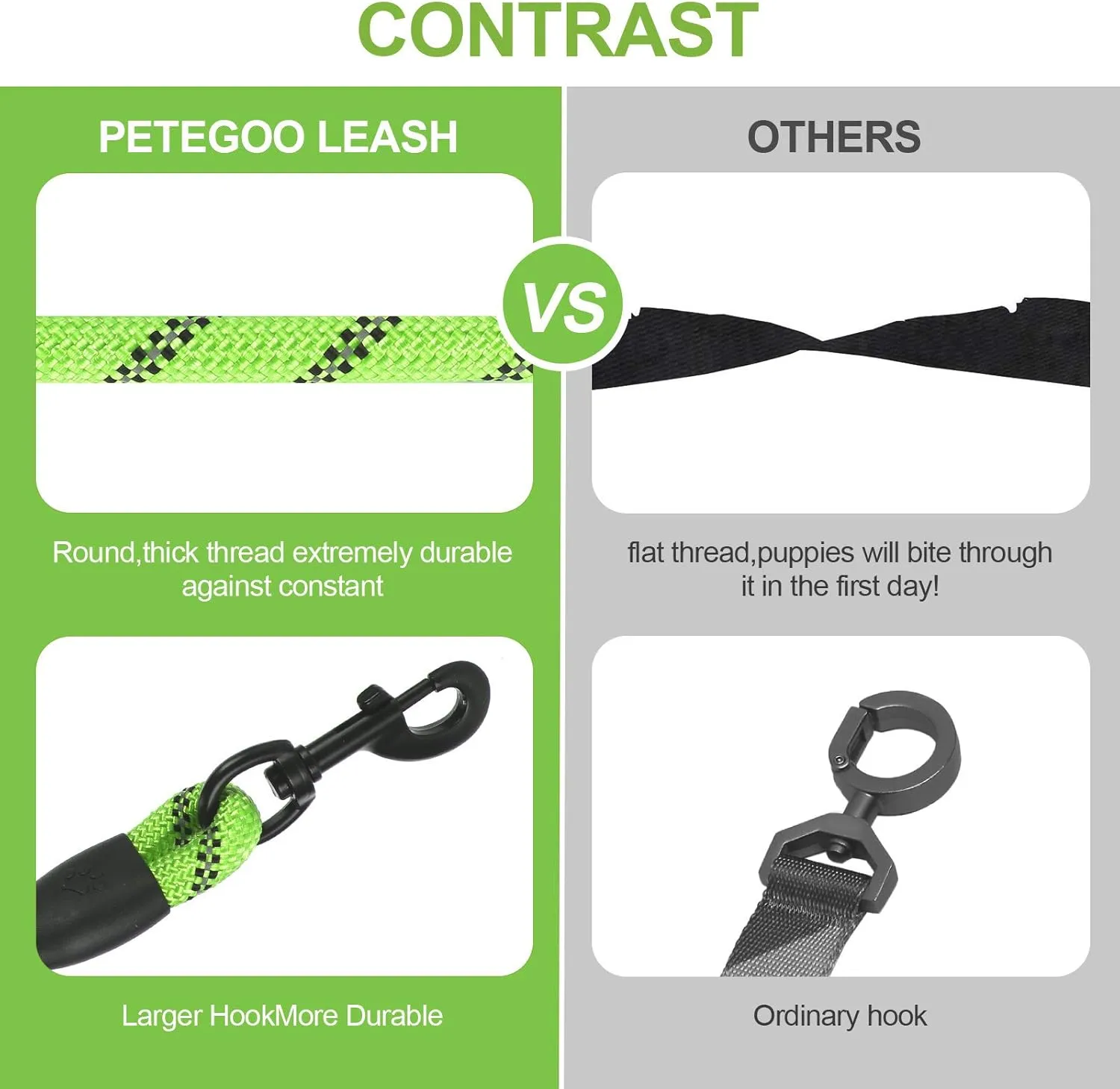 5ft 1/2in Strong Green Dog Leash - Highly Reflective Heavy Duty Rope Leash with Soft Padded Anti-Slip Handle - for 18-120 lbs Dogs