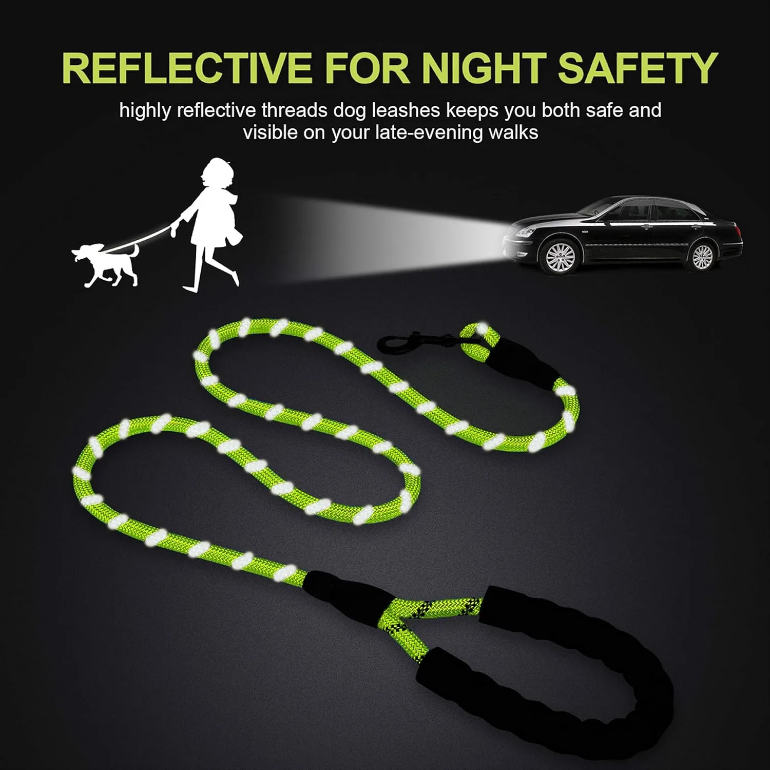 5ft 1/2in Strong Green Dog Leash - Highly Reflective Heavy Duty Rope Leash with Soft Padded Anti-Slip Handle - for 18-120 lbs Dogs