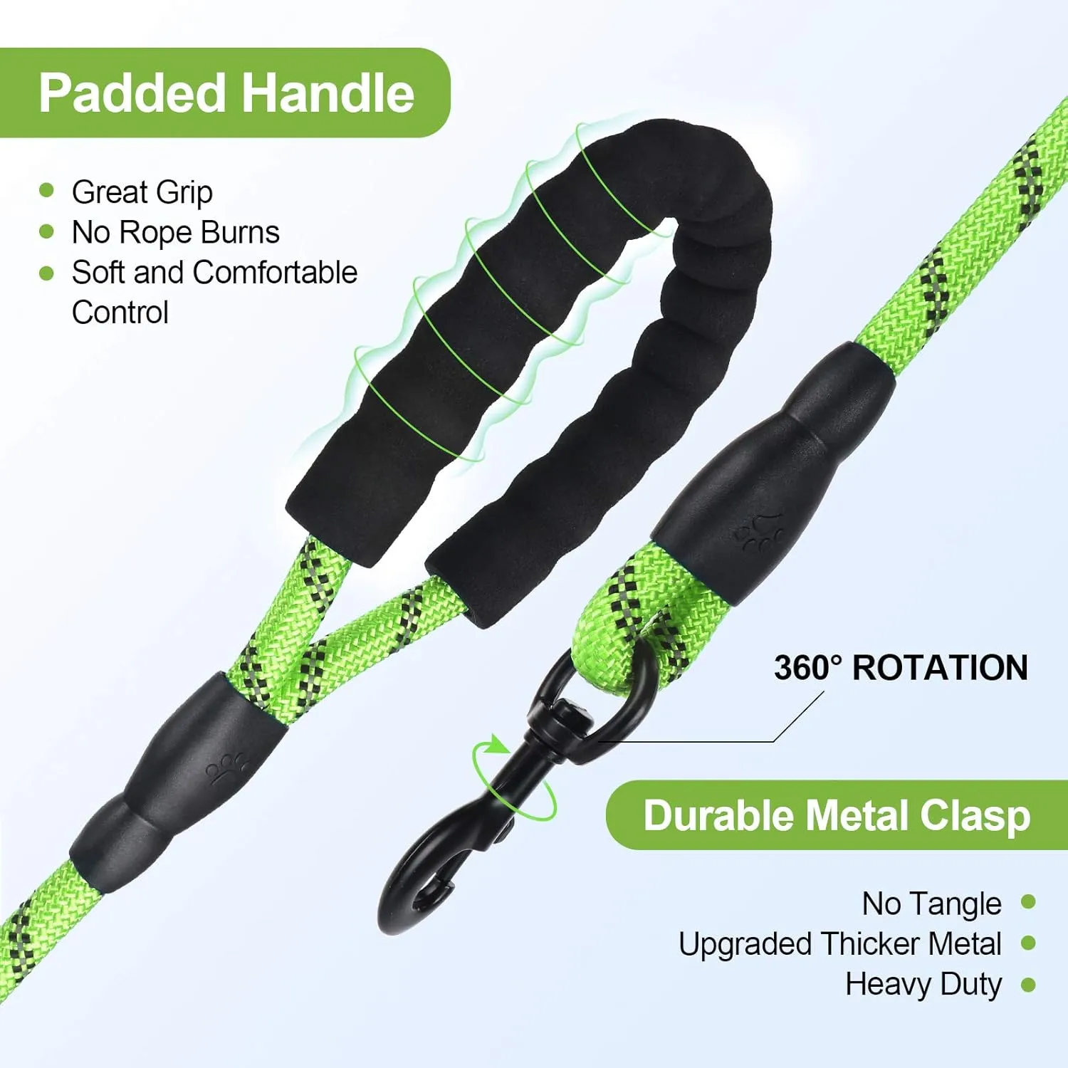 5ft 1/2in Strong Green Dog Leash - Highly Reflective Heavy Duty Rope Leash with Soft Padded Anti-Slip Handle - for 18-120 lbs Dogs
