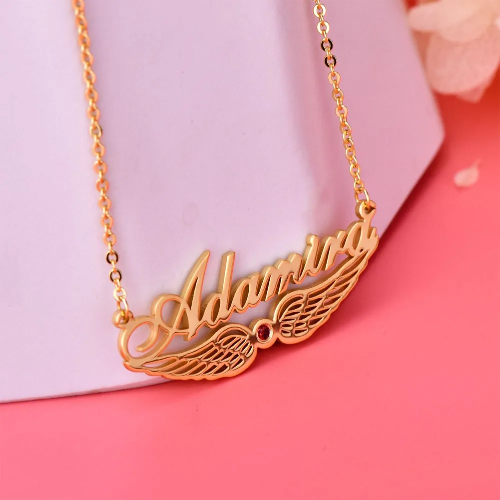Angel Wing Name Necklace with Birthstone