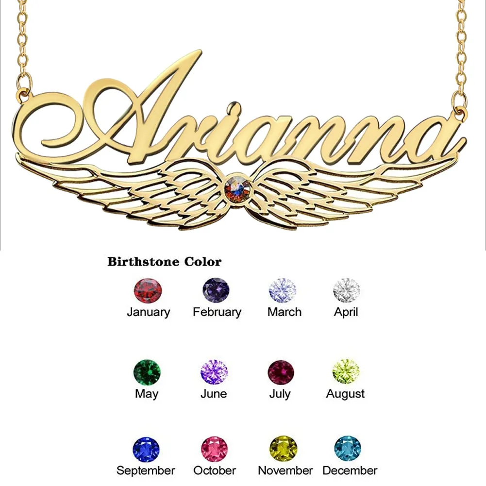 Angel Wing Name Necklace with Birthstone