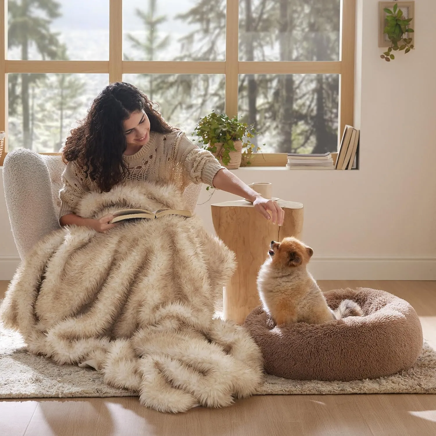 Bedsure Calming Dog Bed for Small Dogs - Donut Washable Small Puppy Bed, 23 inches Anti-Slip Round Fluffy Plush Faux Fur Large Cat Bed, Fits up to 25 lbs Pets, Camel