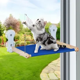 Cat Window Perch, Foldable Cat Hammock for Window with Sturdy Wood Frame and 4 Strong Suction Cups, Machine Washable Bed Cover, Pet Seat for Large Cats and Kittens (Blue)