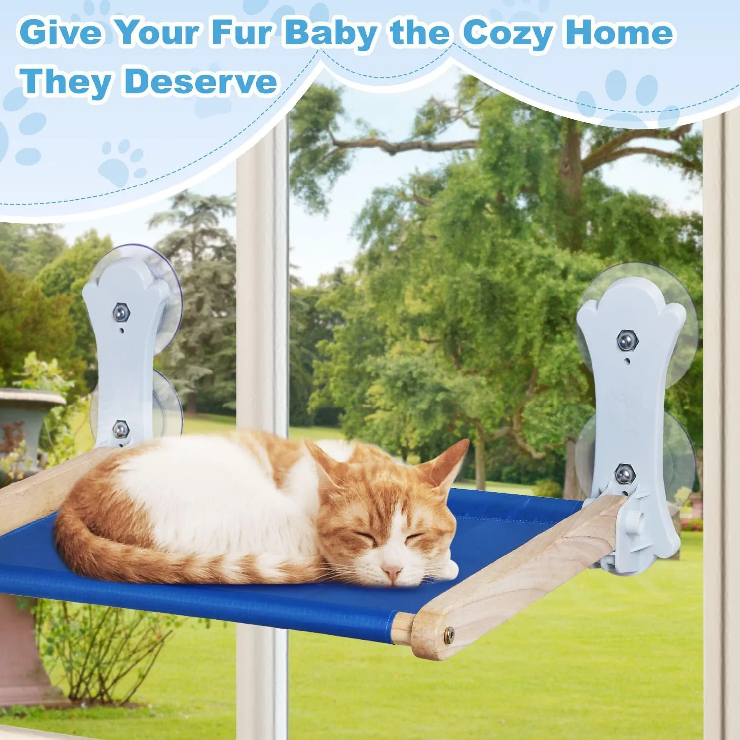 Cat Window Perch, Foldable Cat Hammock for Window with Sturdy Wood Frame and 4 Strong Suction Cups, Machine Washable Bed Cover, Pet Seat for Large Cats and Kittens (Blue)