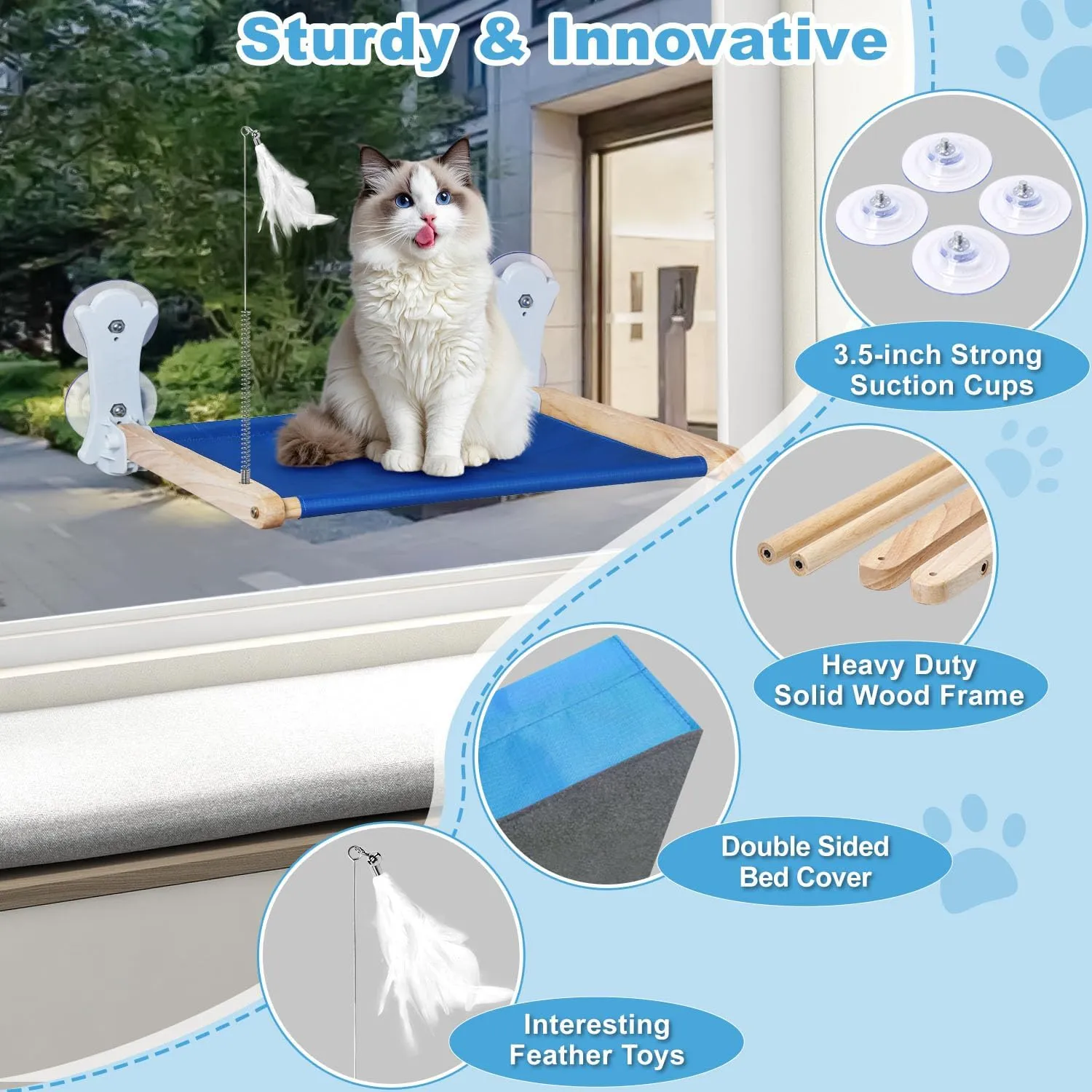 Cat Window Perch, Foldable Cat Hammock for Window with Sturdy Wood Frame and 4 Strong Suction Cups, Machine Washable Bed Cover, Pet Seat for Large Cats and Kittens (Blue)