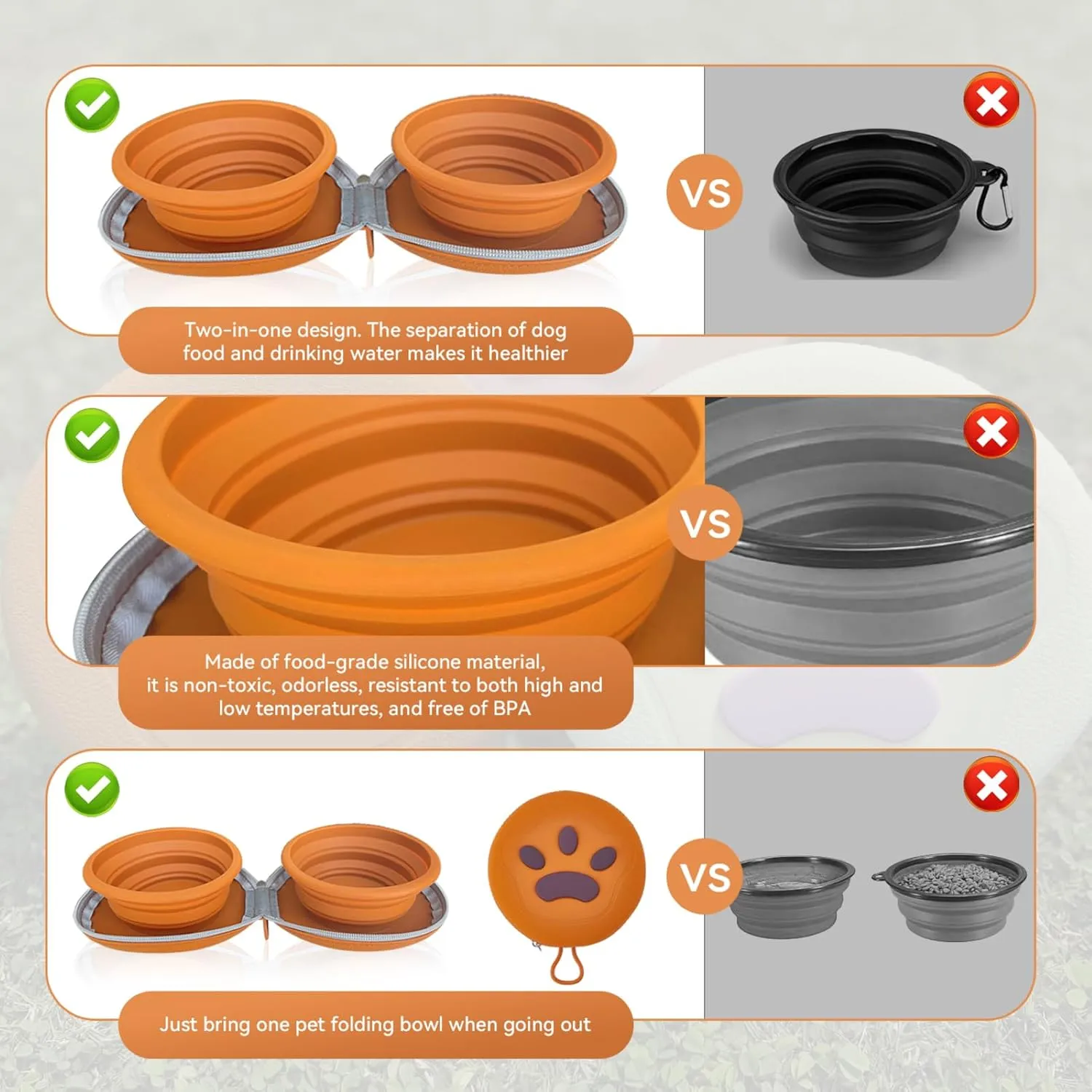 Collapsible 2-in-1 Dog Bowls: Leakproof Double Silicone Food & Water Bowl for Travel, Camping, Hiking - Portable Cat & Dog Feeding Supplies (Brown)