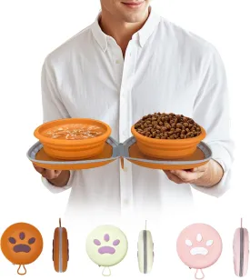 Collapsible 2-in-1 Dog Bowls: Leakproof Double Silicone Food & Water Bowl for Travel, Camping, Hiking - Portable Cat & Dog Feeding Supplies (Brown)