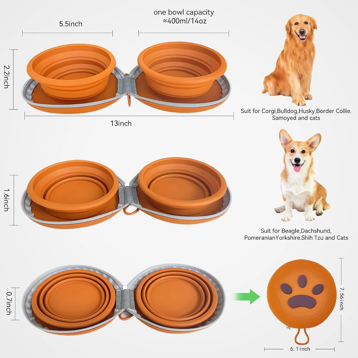 Collapsible 2-in-1 Dog Bowls: Leakproof Double Silicone Food & Water Bowl for Travel, Camping, Hiking - Portable Cat & Dog Feeding Supplies (Brown)