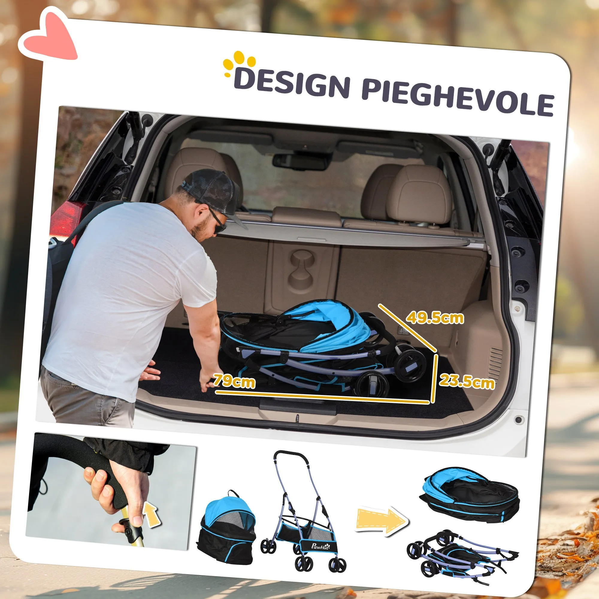 Convertible Dog Stroller with 2 Leashes and Cushion, in Steel and Polyester, 82x49.5x98 cm, Light Blue and Black