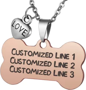 Custom Cat ID Tag Heart Charm Bone Pet Tag Stainless Steel Pendant Necklace Free Engraving  Rose Gold