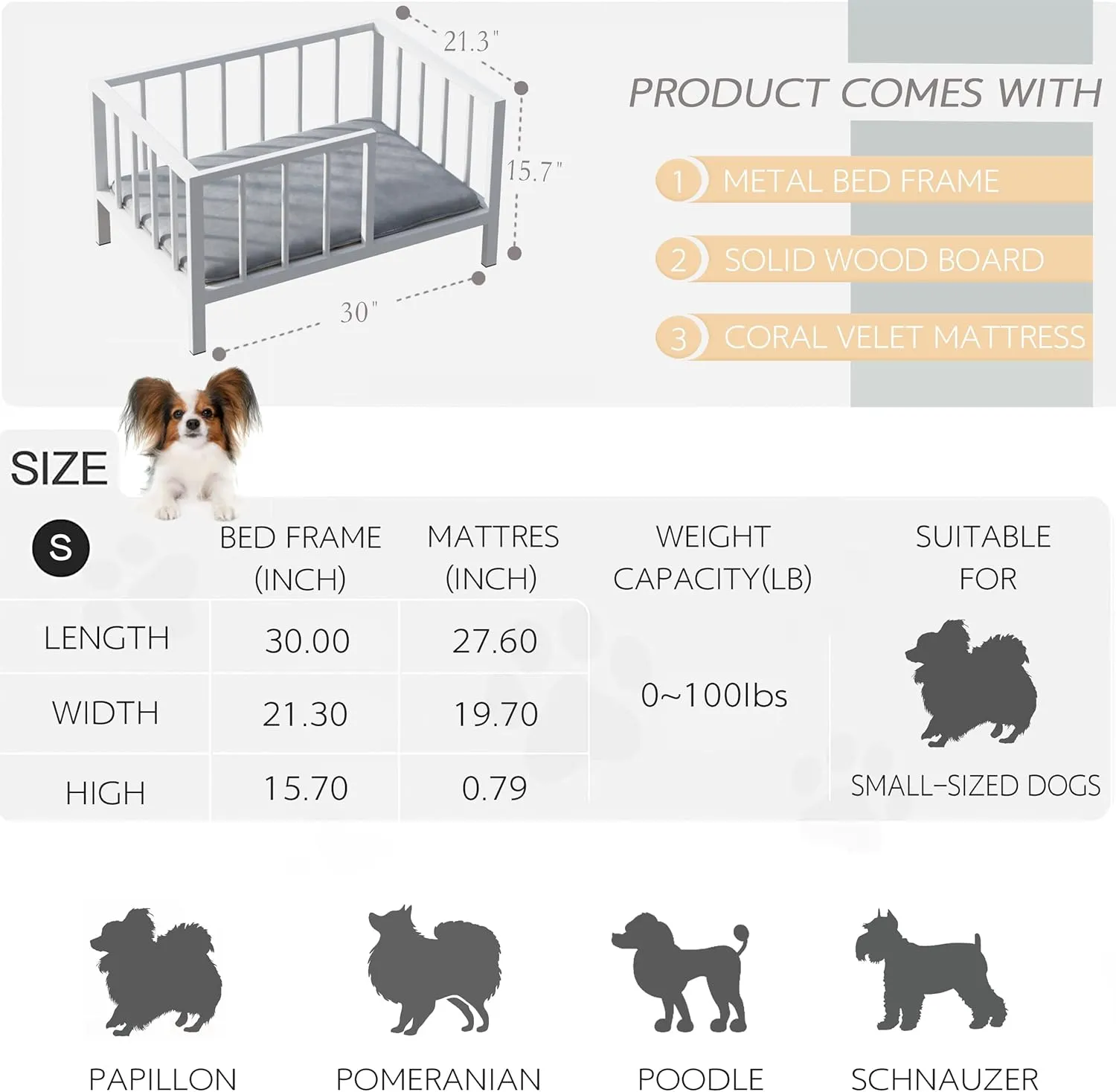 Dog Bed with Rails - Elevated Pet Metal Bed Frame with Solid Wood Board and Washable Soft Mat for Small Dog Indoor or Outdoor Use, 21.3" x 30 ", White