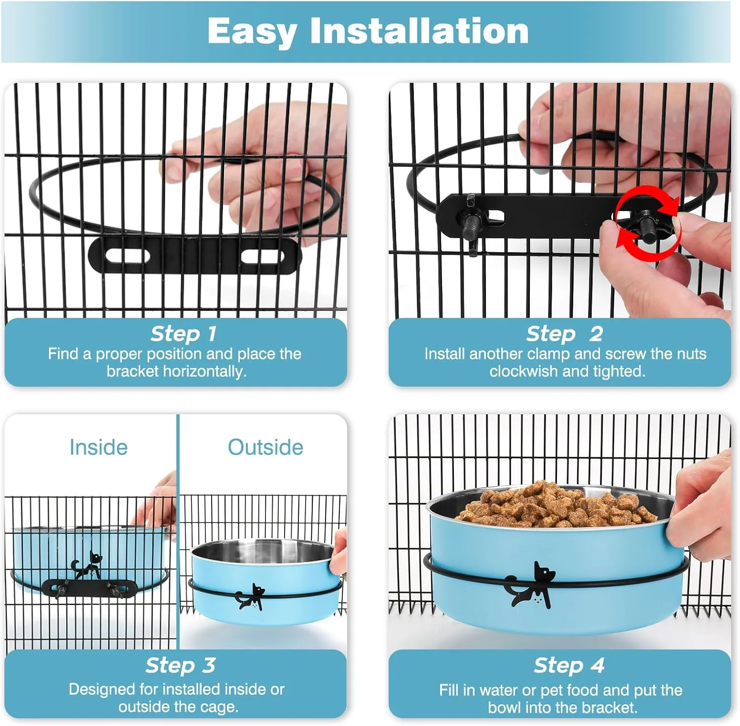 Dog Crate Bowls Hanging No Spill, 2 Pack Dog Crate Water Bowl, Kennel Food Bowls Mountable for Crates, Large Stainless Steel Pet Cage Accessories Feeder Coop Cup Dish for Puppy Bunny Guinea Pig Ferret