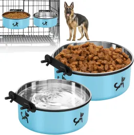 Dog Crate Bowls Hanging No Spill, 2 Pack Dog Crate Water Bowl, Kennel Food Bowls Mountable for Crates, Large Stainless Steel Pet Cage Accessories Feeder Coop Cup Dish for Puppy Bunny Guinea Pig Ferret
