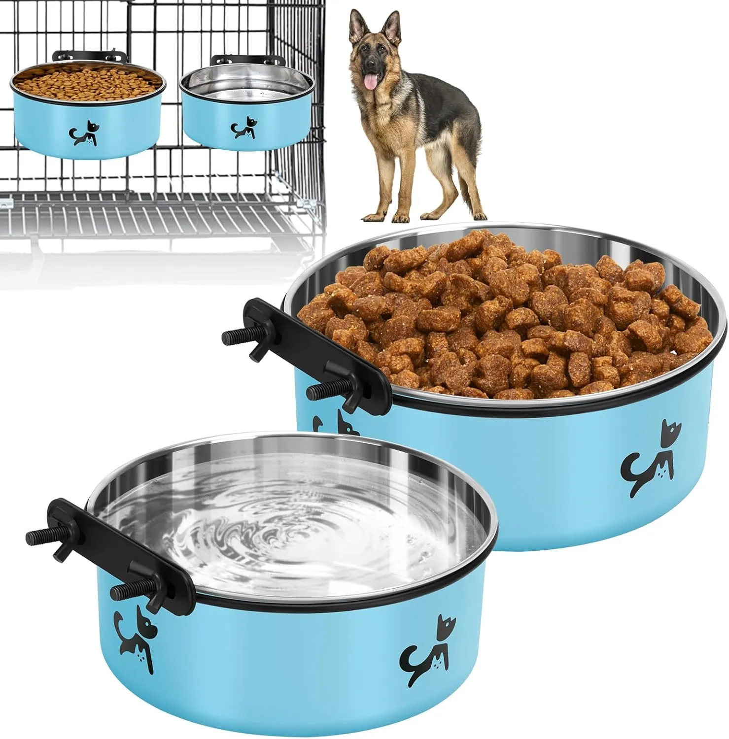 Dog Crate Bowls Hanging No Spill, 2 Pack Dog Crate Water Bowl, Kennel Food Bowls Mountable for Crates, Large Stainless Steel Pet Cage Accessories Feeder Coop Cup Dish for Puppy Bunny Guinea Pig Ferret
