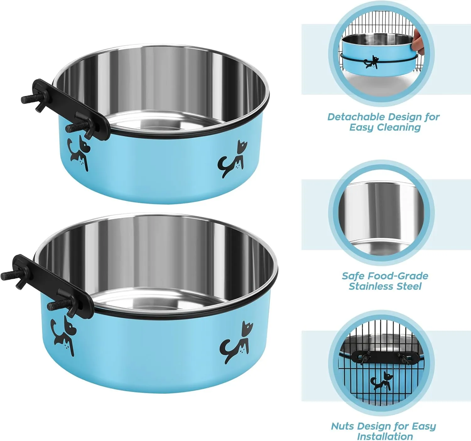 Dog Crate Bowls Hanging No Spill, 2 Pack Dog Crate Water Bowl, Kennel Food Bowls Mountable for Crates, Large Stainless Steel Pet Cage Accessories Feeder Coop Cup Dish for Puppy Bunny Guinea Pig Ferret