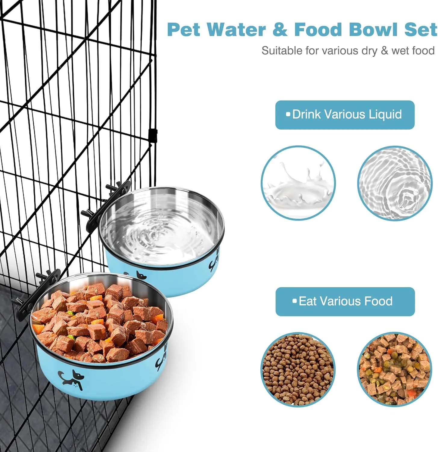 Dog Crate Bowls Hanging No Spill, 2 Pack Dog Crate Water Bowl, Kennel Food Bowls Mountable for Crates, Large Stainless Steel Pet Cage Accessories Feeder Coop Cup Dish for Puppy Bunny Guinea Pig Ferret