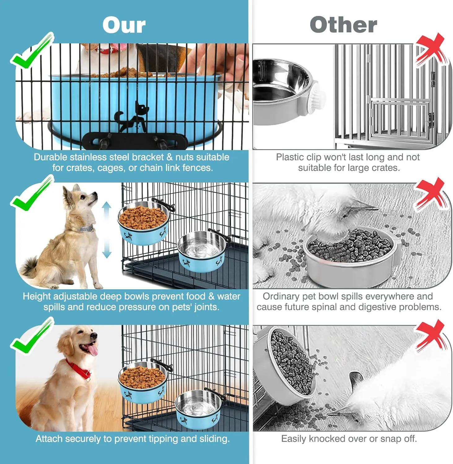 Dog Crate Bowls Hanging No Spill, 2 Pack Dog Crate Water Bowl, Kennel Food Bowls Mountable for Crates, Large Stainless Steel Pet Cage Accessories Feeder Coop Cup Dish for Puppy Bunny Guinea Pig Ferret