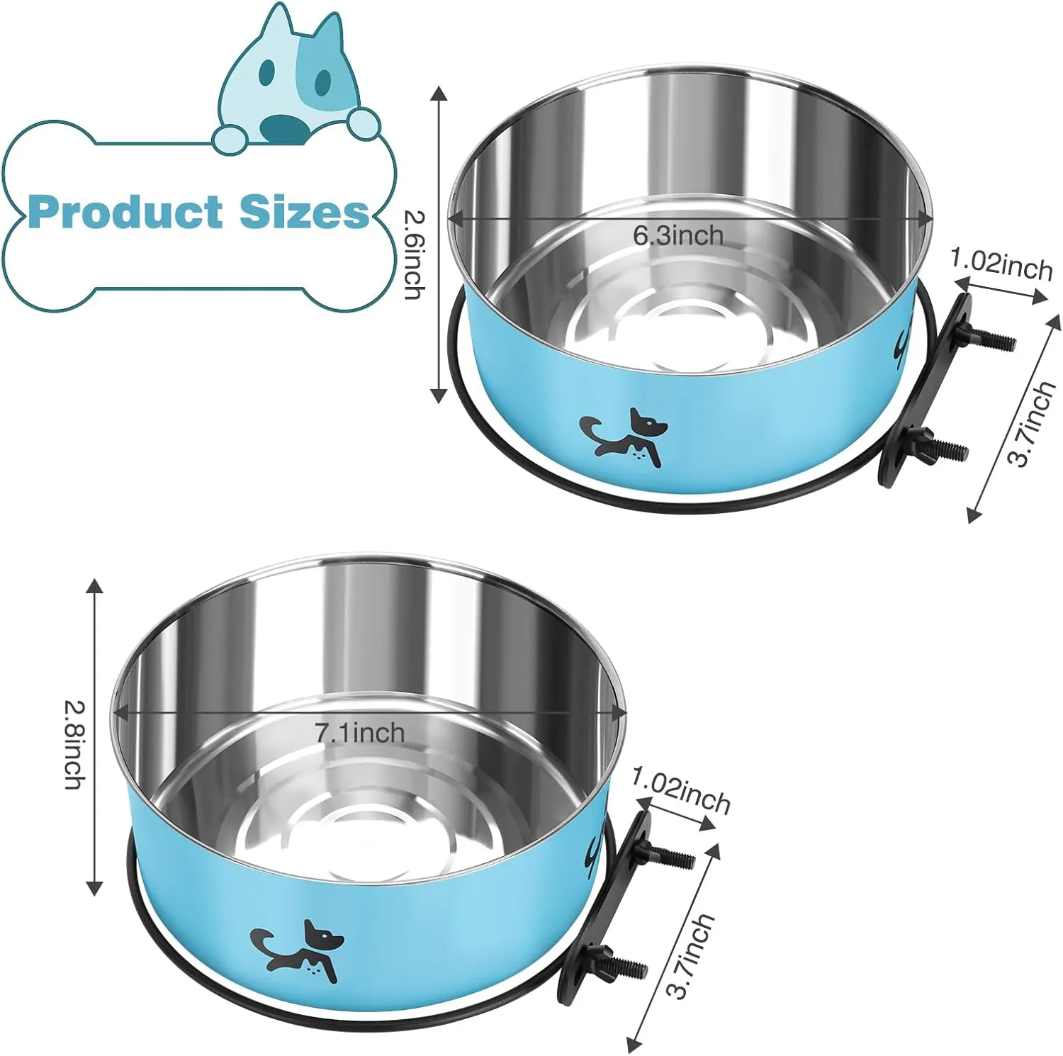 Dog Crate Bowls Hanging No Spill, 2 Pack Dog Crate Water Bowl, Kennel Food Bowls Mountable for Crates, Large Stainless Steel Pet Cage Accessories Feeder Coop Cup Dish for Puppy Bunny Guinea Pig Ferret