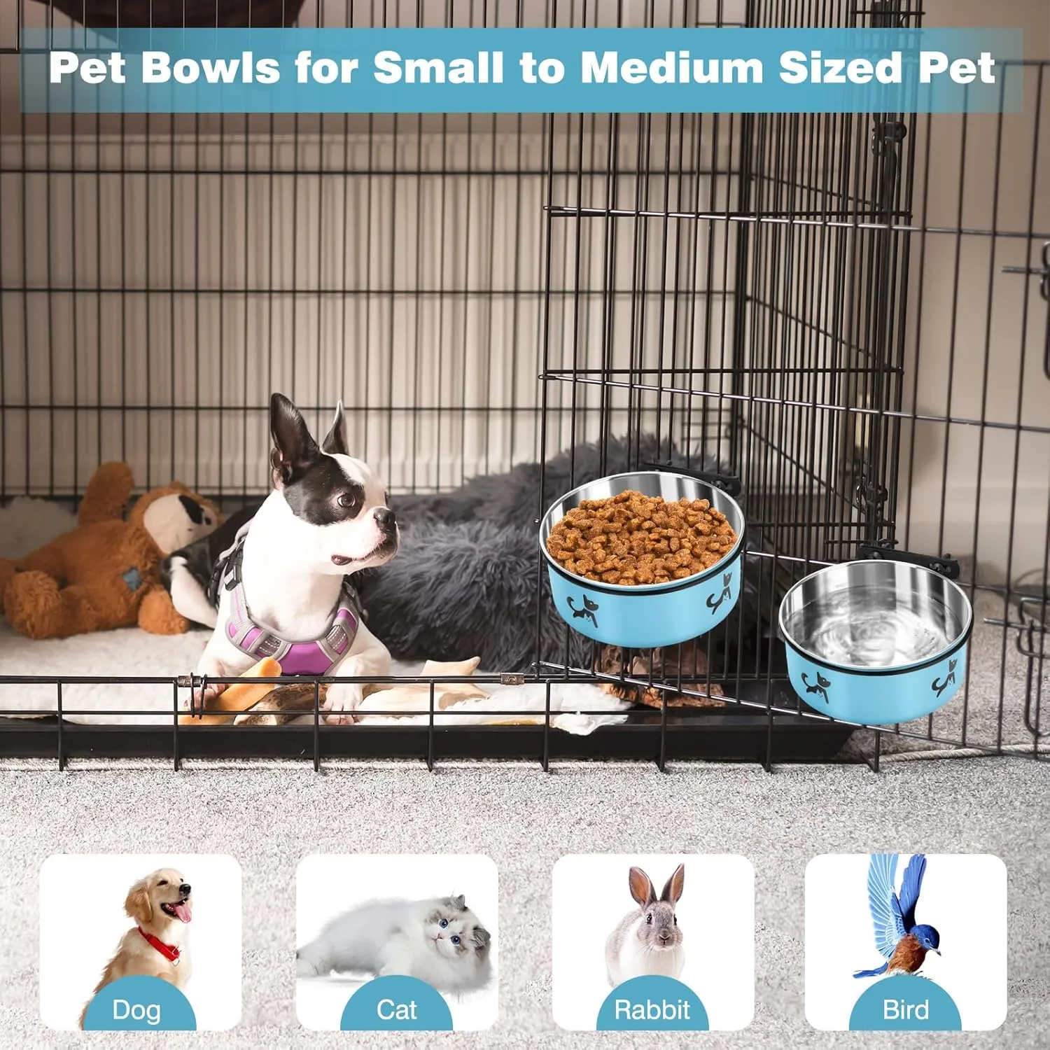 Dog Crate Bowls Hanging No Spill, 2 Pack Dog Crate Water Bowl, Kennel Food Bowls Mountable for Crates, Large Stainless Steel Pet Cage Accessories Feeder Coop Cup Dish for Puppy Bunny Guinea Pig Ferret