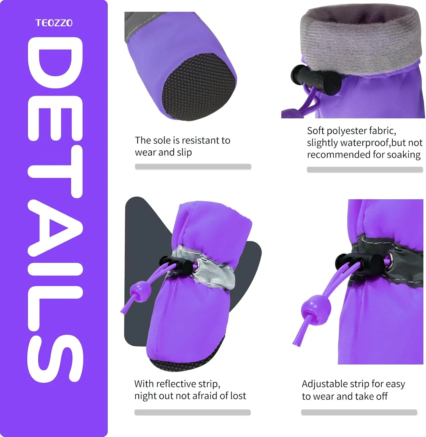 Dog Shoes Dog Boots & Paw Protector, Anti-Slip Sole Winter Dog Booties with Reflective Straps Dog Snow Boots for Small Medium Dogs 4PCS Purple 5