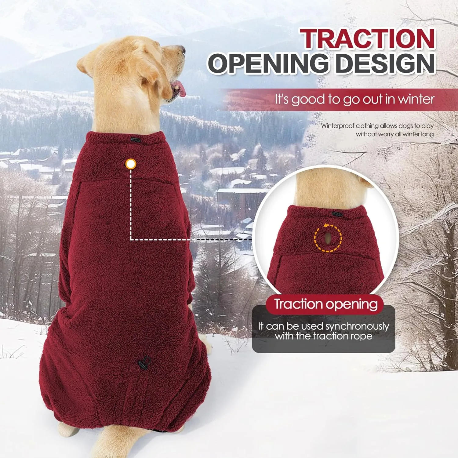 Dog Winter Coat, Warm Fleece Dog Jacket, Windproof Dog Pullover Jumpsuit, Full Body Dog Pajamas Onesie, Cold Weather Clothes for Medium Large Dog(Large,Red)