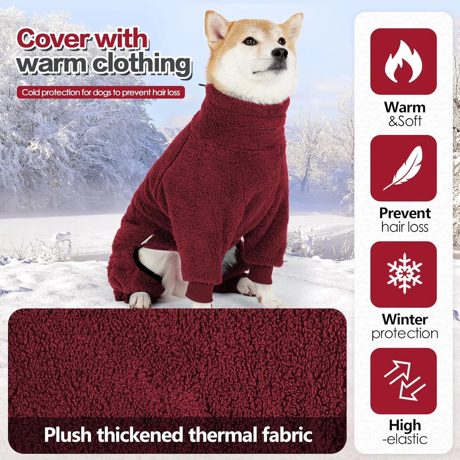 Dog Winter Coat, Warm Fleece Dog Jacket, Windproof Dog Pullover Jumpsuit, Full Body Dog Pajamas Onesie, Cold Weather Clothes for Medium Large Dog(Large,Red)