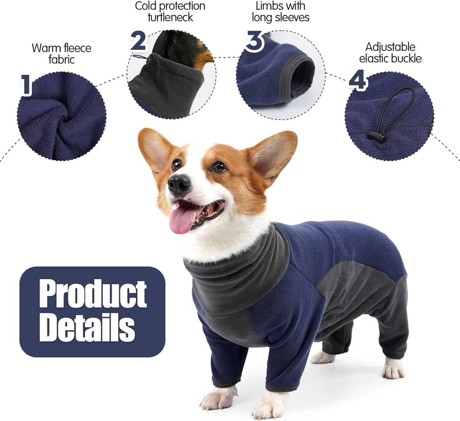 Dog Winter Coat, Warm Fleece Dog Jacket, Windproof Dog Pullover Jumpsuit, Fullbody Dog Pajamas Onesie, Cold Weather Clothes for Medium Large Dog(XL,Blue)