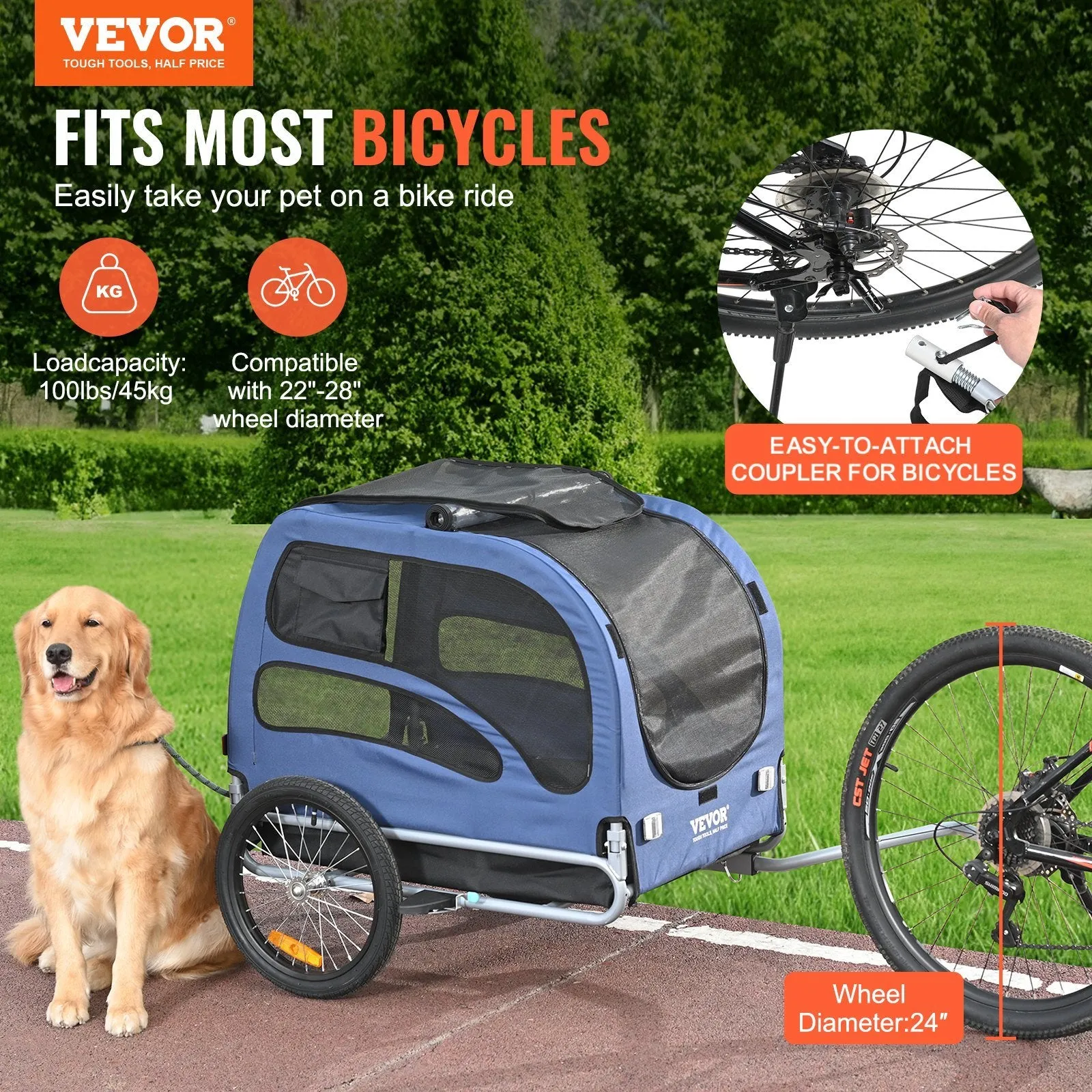 Easy Folding Bike Trailer Supports up to 100 lbs for Dogs - Blue/Black